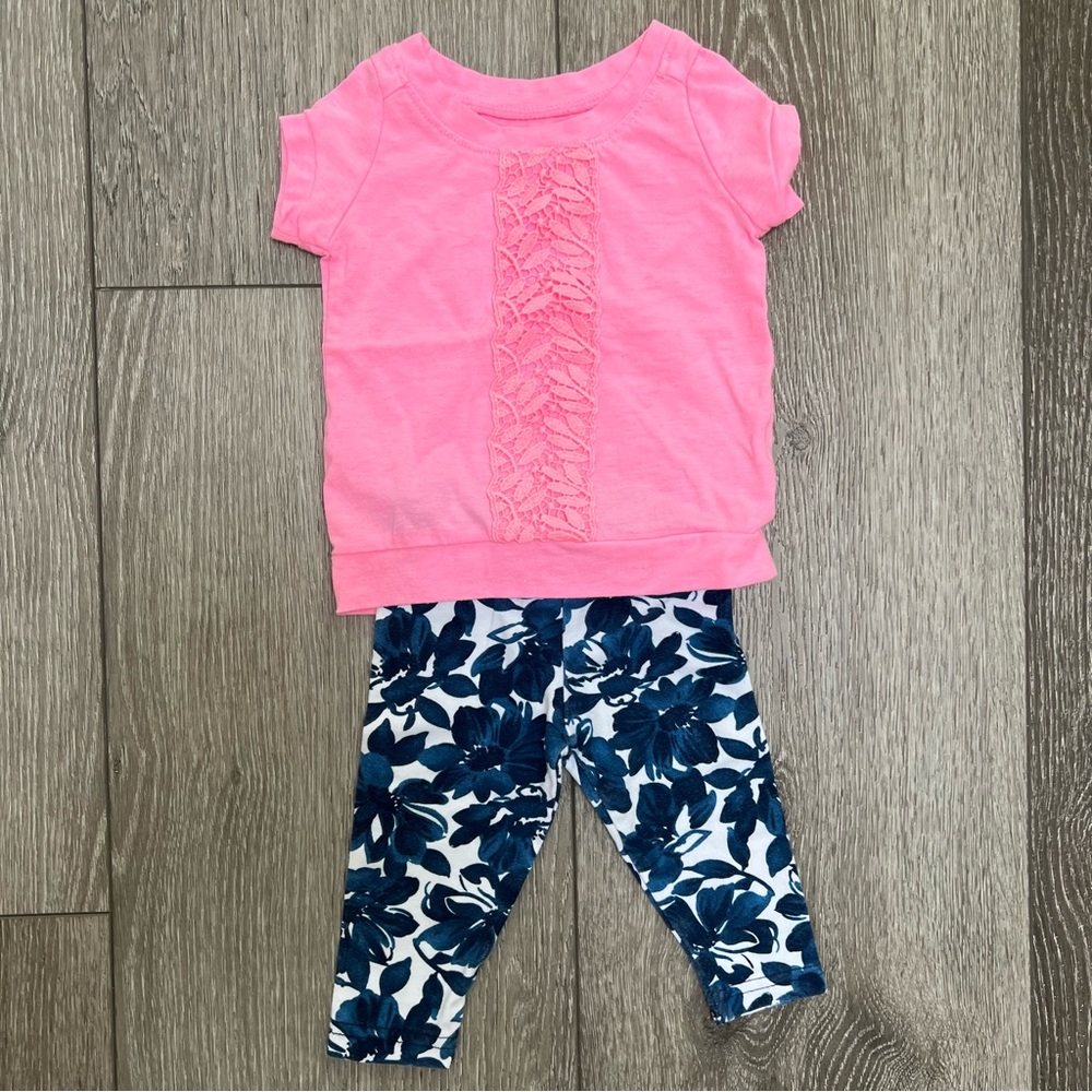 CARTERS 2PC SHORT SLEEVE SHIRT AND LEGGINGS OUTFIT PINK BLUE 3MO